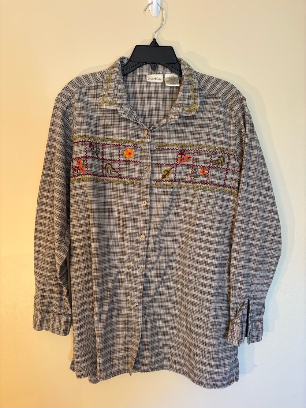 Bobbie Brooks Gray Plaid Button-Down Shirt with Floral Embroidery